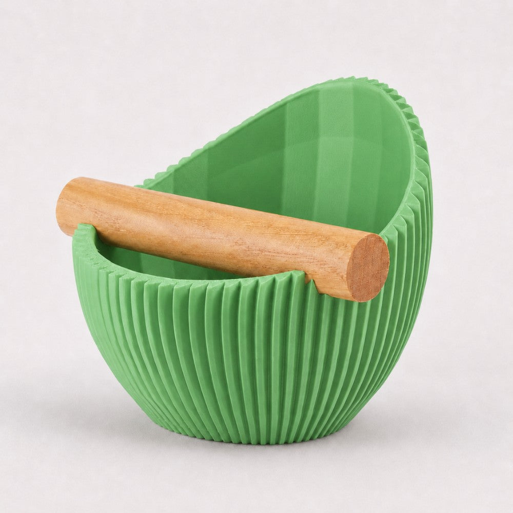 Sculptural Ribbed Espresso Knock Box with Oak Bar Matte Grass Green