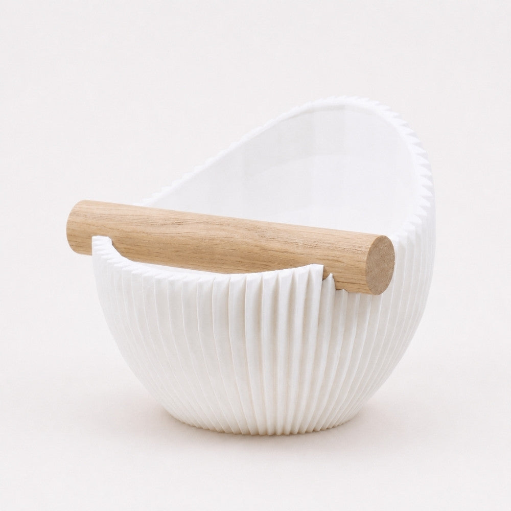 Sculptural Ribbed Espresso Knock Box with Oak Bar Matte Ivory White