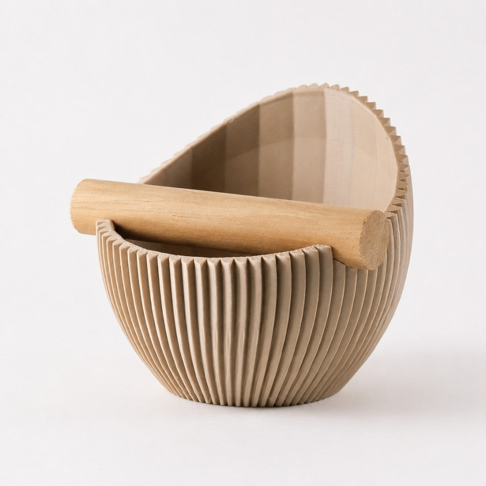Sculptural Ribbed Espresso Knock Box with Oak Bar Matte Latte Brown