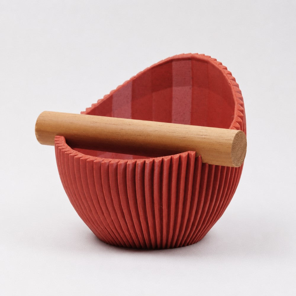 Sculptural Ribbed Espresso Knock Box with Oak Bar Marble Red