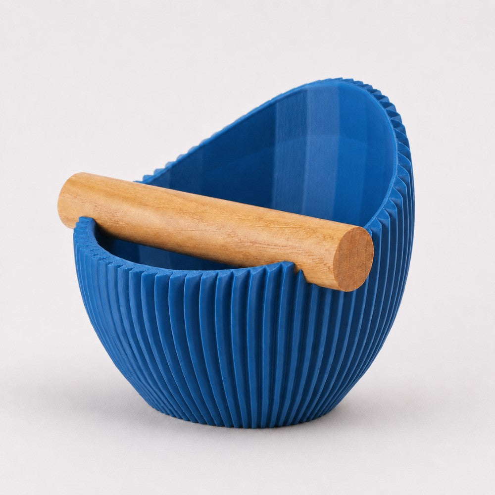 Sculptural Ribbed Espresso Knock Box with Oak Bar Matte Marine Blue