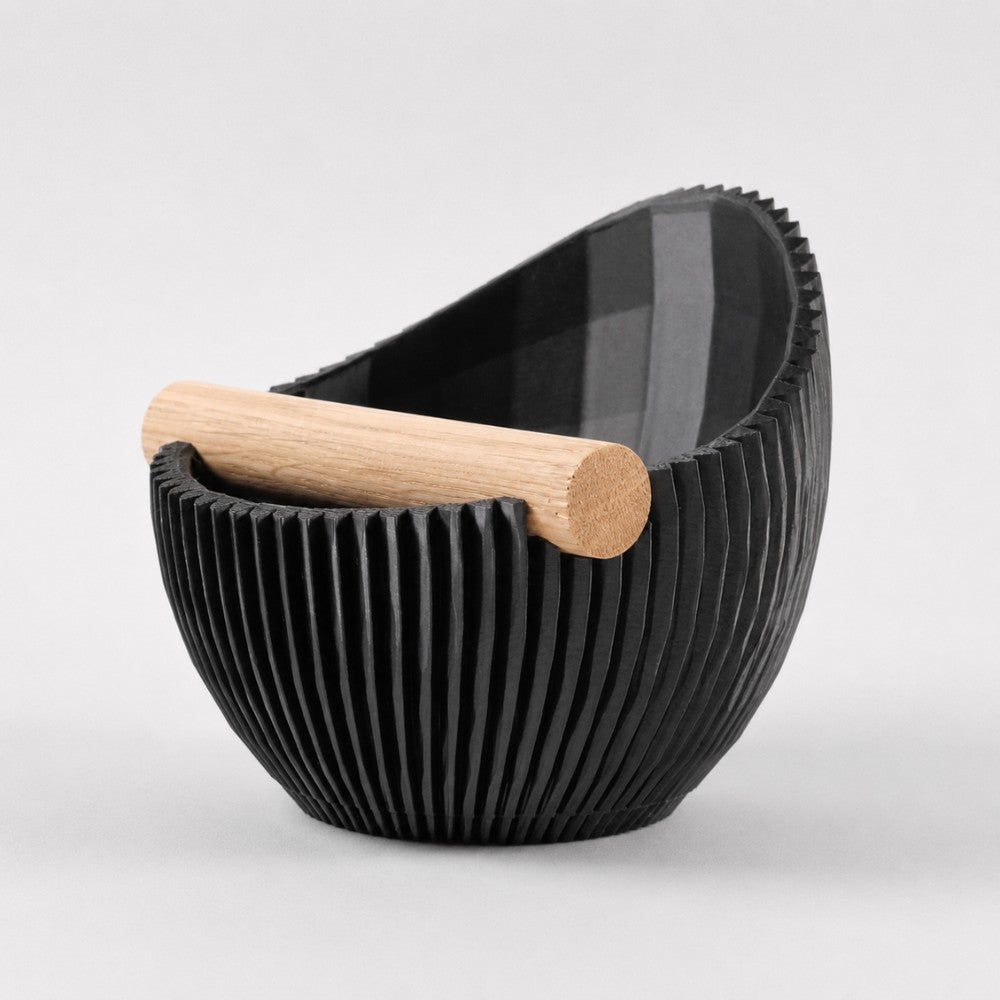 Sculptural Ribbed Espresso Knock Box with Oak Bar Metallic Black