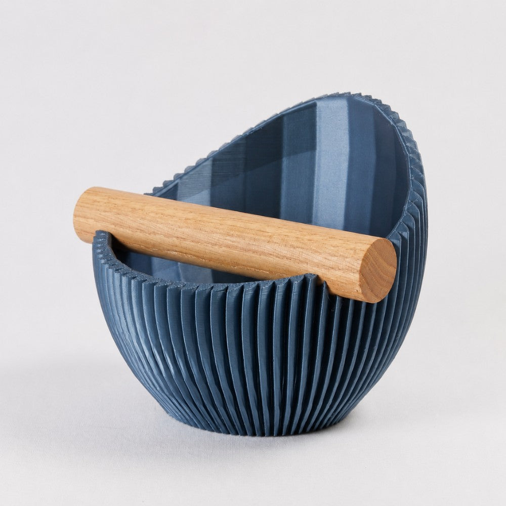 Sculptural Ribbed Espresso Knock Box with Oak Bar Metallic Blue