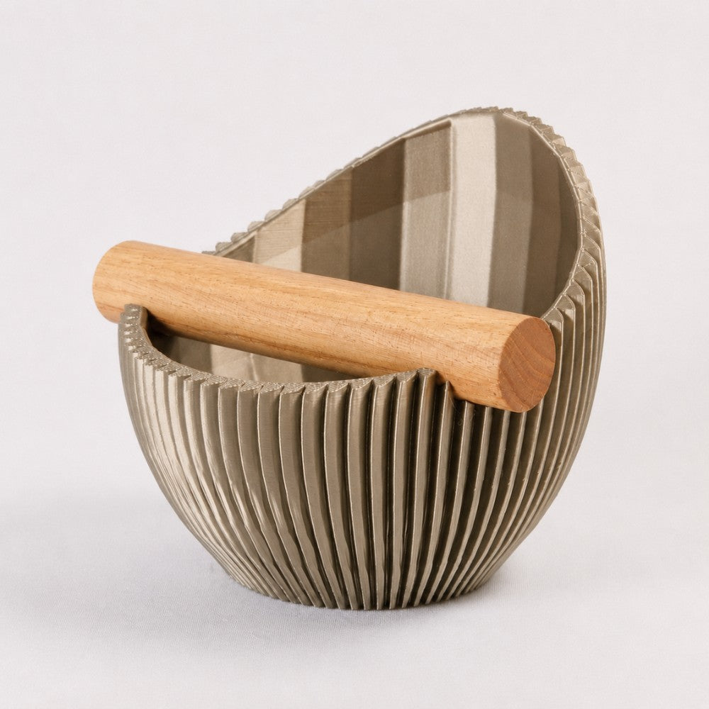 Sculptural Ribbed Espresso Knock Box with Oak Bar Metallic Gold