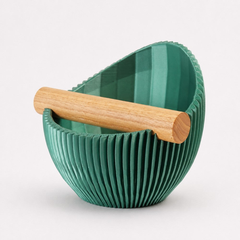 Sculptural Ribbed Espresso Knock Box with Oak Bar Metallic Green
