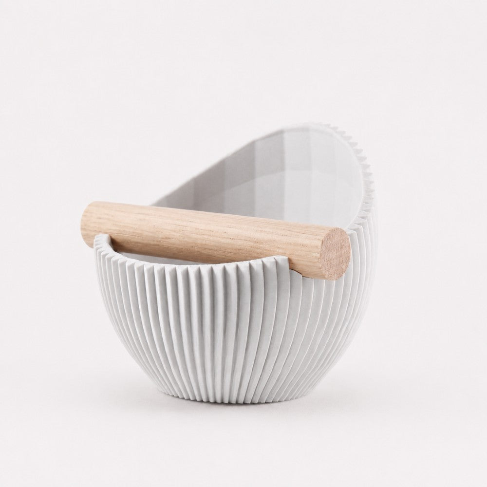 Sculptural Ribbed Espresso Knock Box with Oak Bar Matte Off White