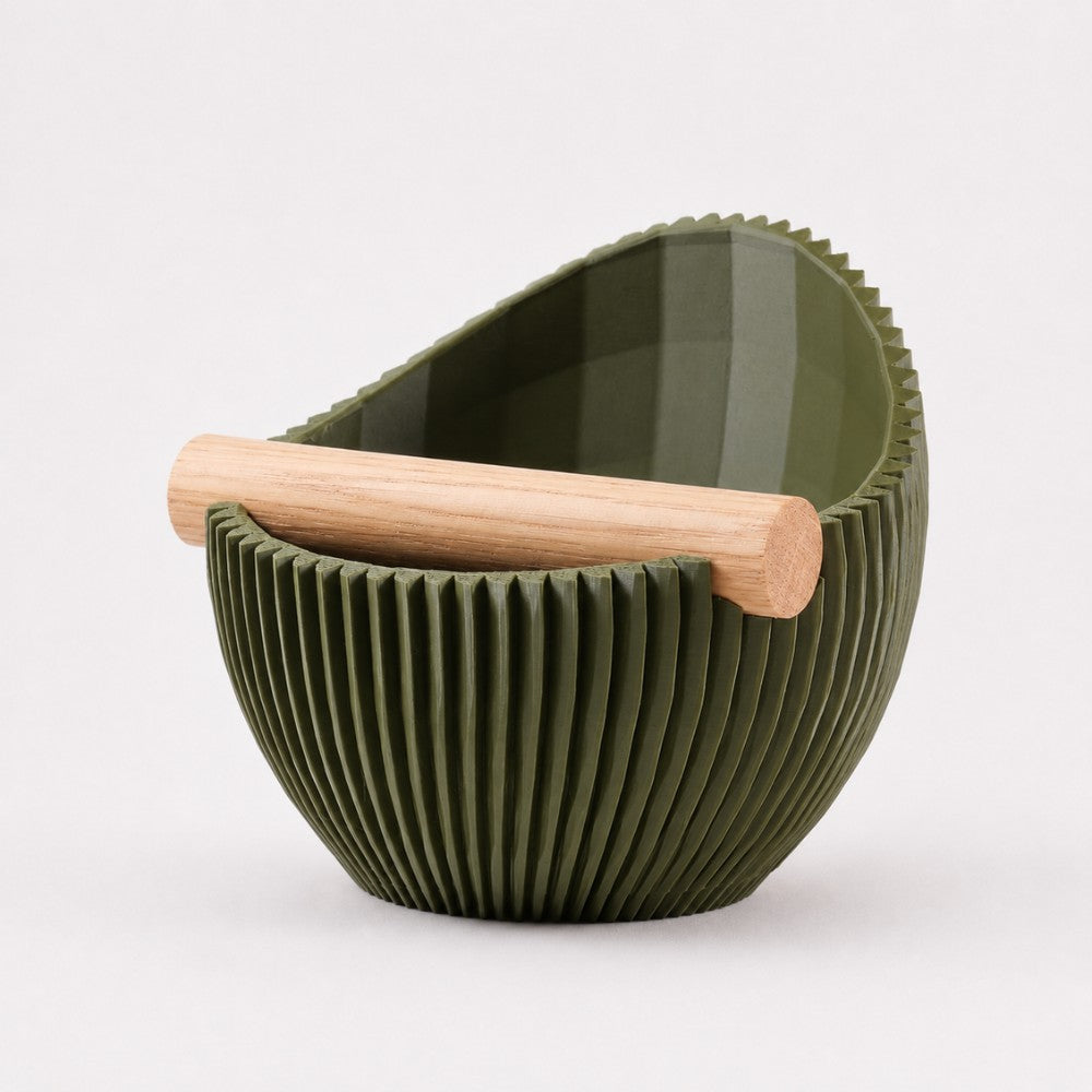 Sculptural Ribbed Espresso Knock Box with Oak Bar Matte Olive Green