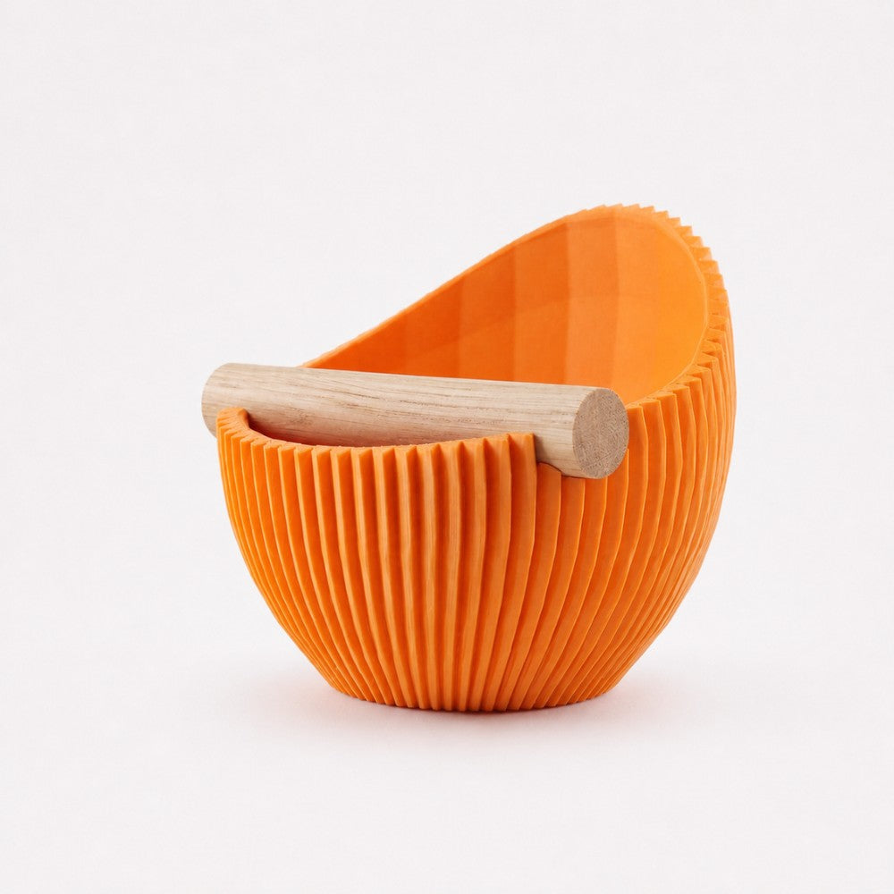 Sculptural Ribbed Espresso Knock Box with Oak Bar Matte Mandarin Orange