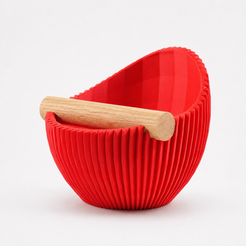 Sculptural Ribbed Espresso Knock Box with Oak Bar Matte Scarlet Red