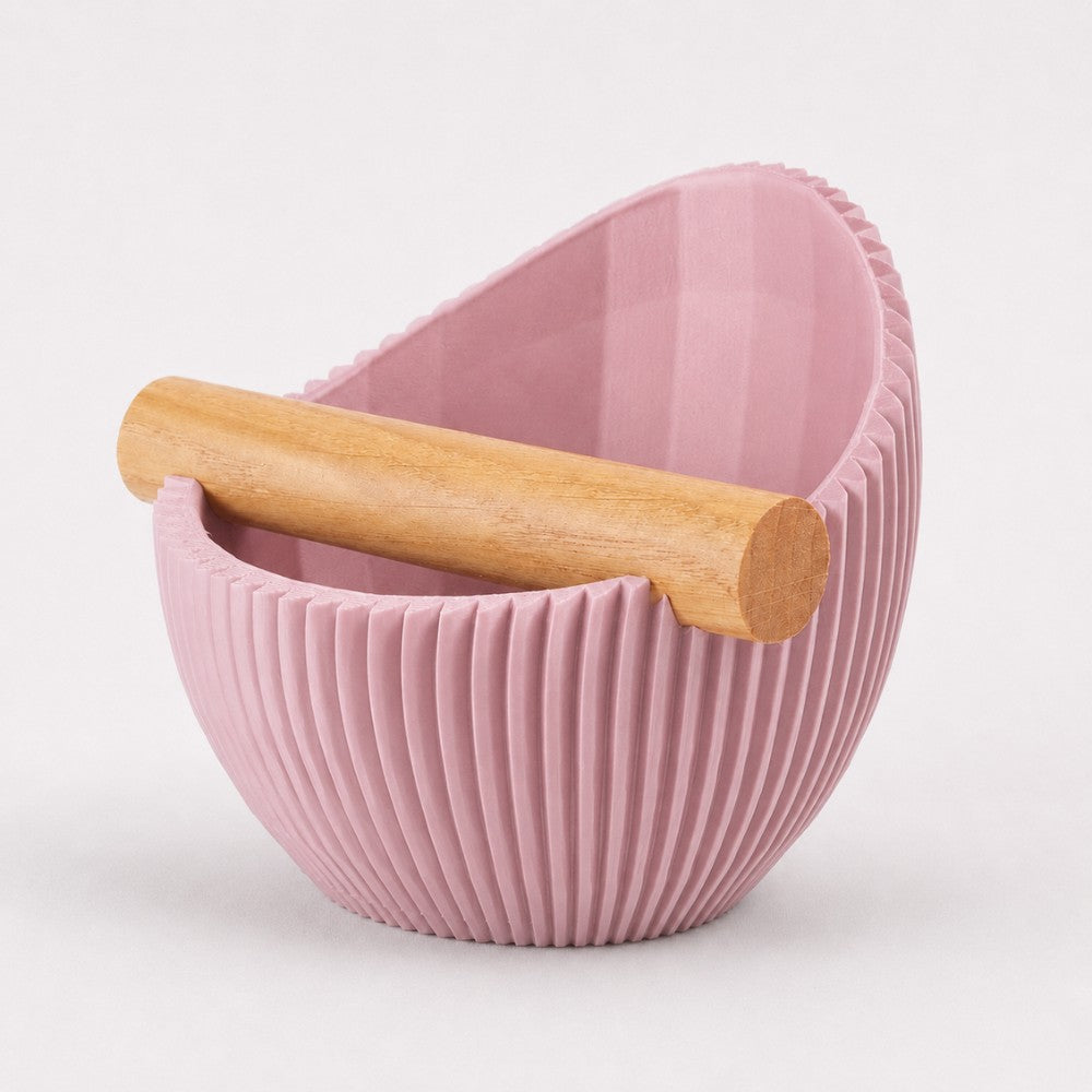 Sculptural Ribbed Espresso Knock Box with Oak Bar Matte Sakura Pink