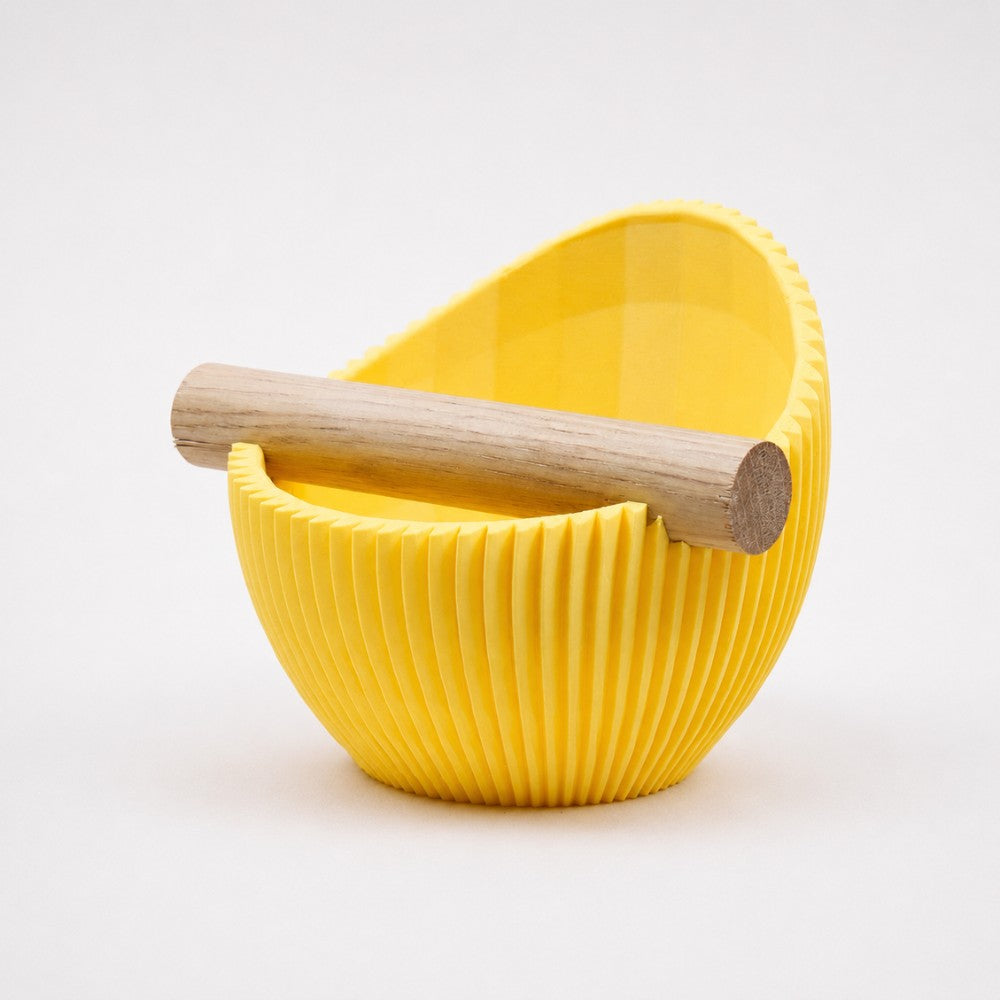 Sculptural Ribbed Espresso Knock Box with Oak Bar Matte Lemon Yellow