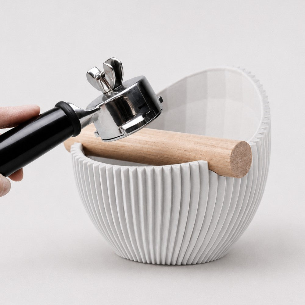 Sculptural Ribbed Espresso Knock Box with Oak Bar