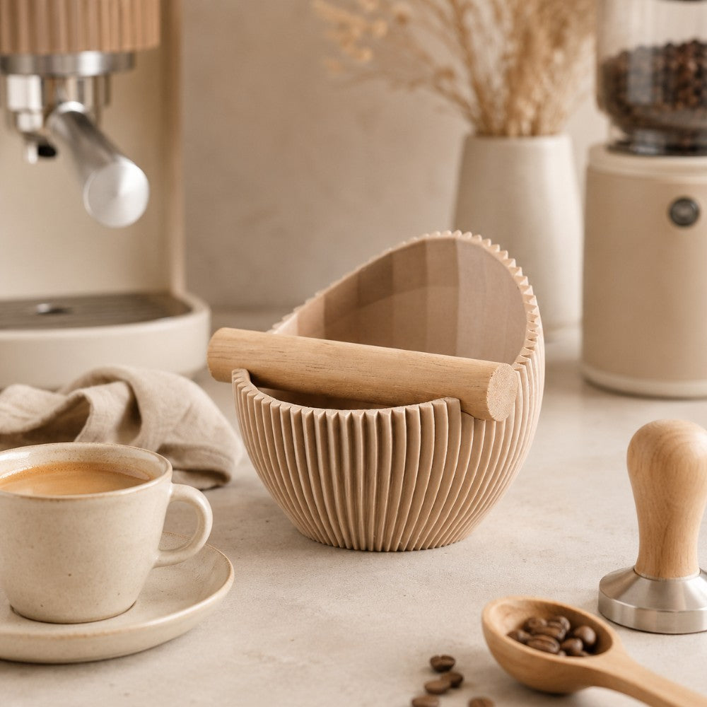 Sculptural Ribbed Espresso Knock Box with Oak Bar