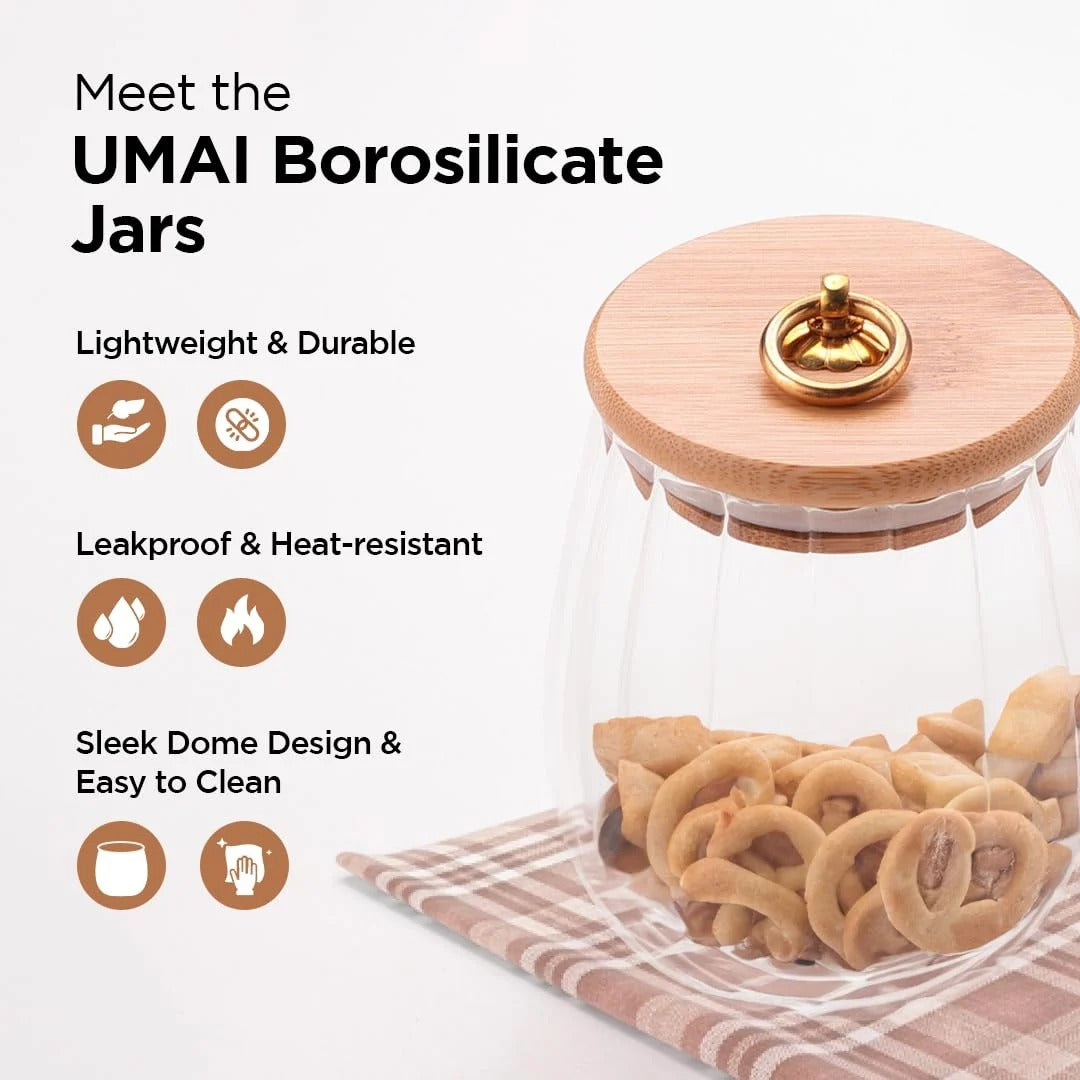 Borosilicate Glass Jar with Bamboo Lid, Set of 2, 635 ml, Airtight, Transparent