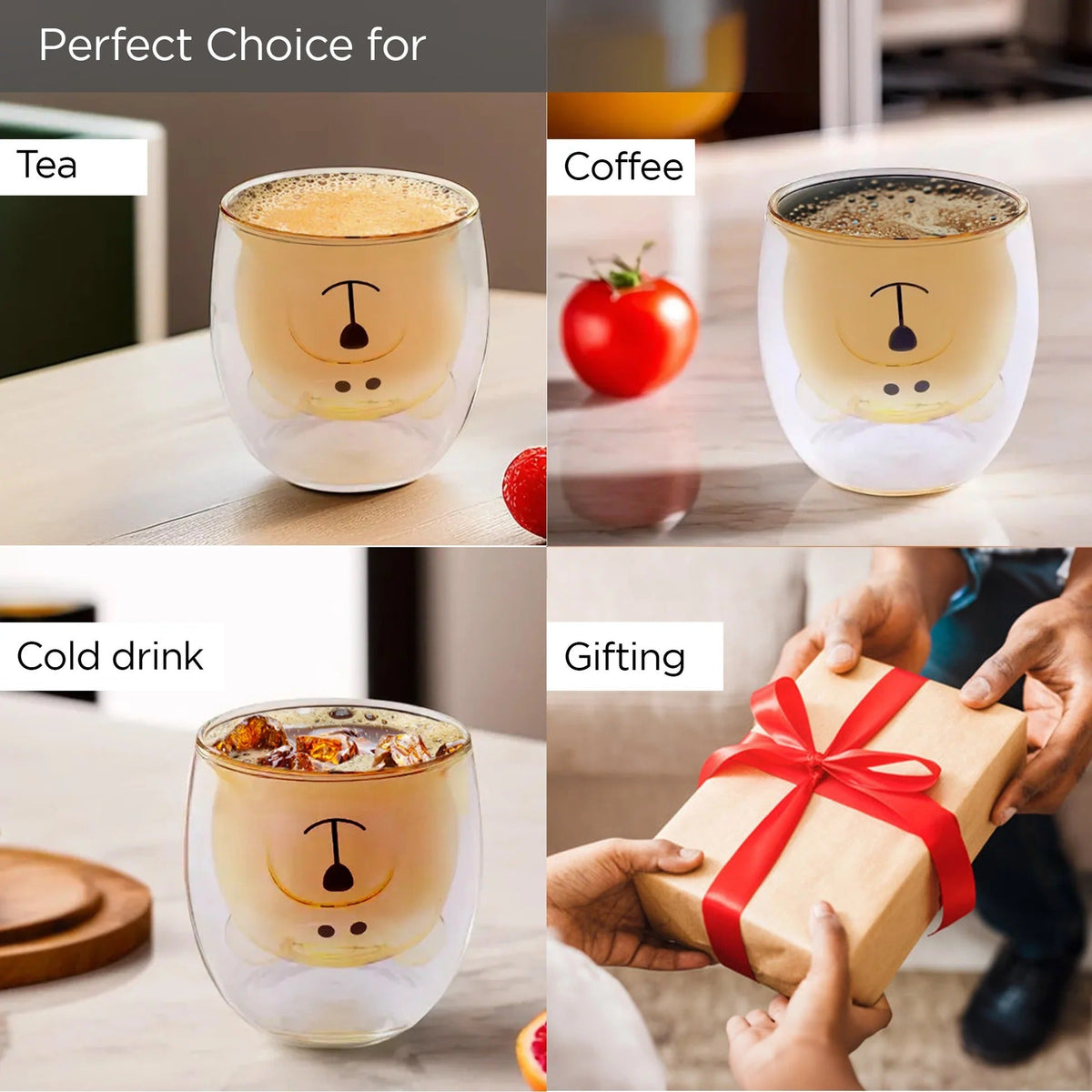Cute Teddy Bear Double Walled Borosilicate Glass Mug Set of 2 (250 ml), Yellow