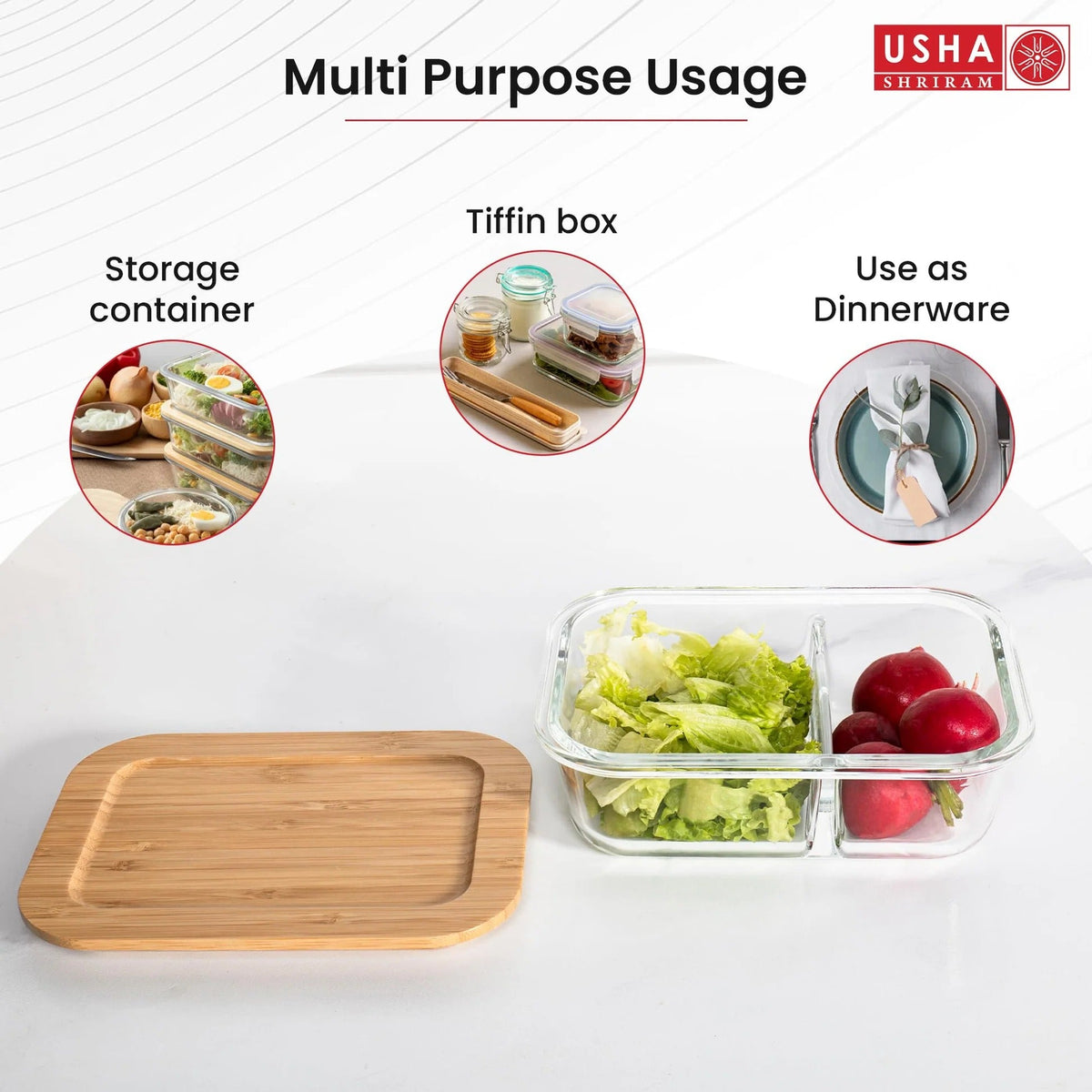 Borosilicate Glass Tiffin Box 980 ml, Bamboo Lid, Leak-Proof, Glass Lunch Box