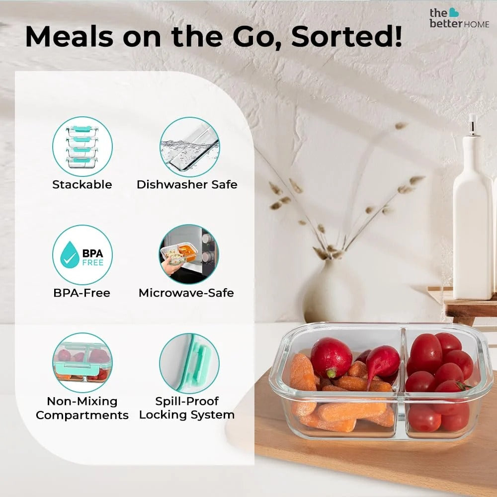 Glass Microwave Safe Office Lunch Box, 570 ml, 2 Compartments, Safety Lock, Transparent