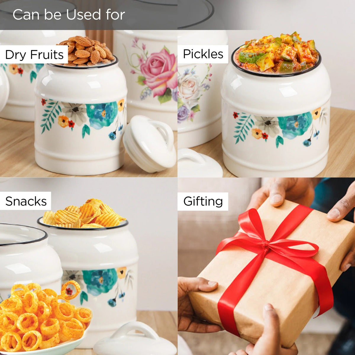 Ceramic Jar 1400 ml with Lid, Airtight, White Printed, Kitchen Storage