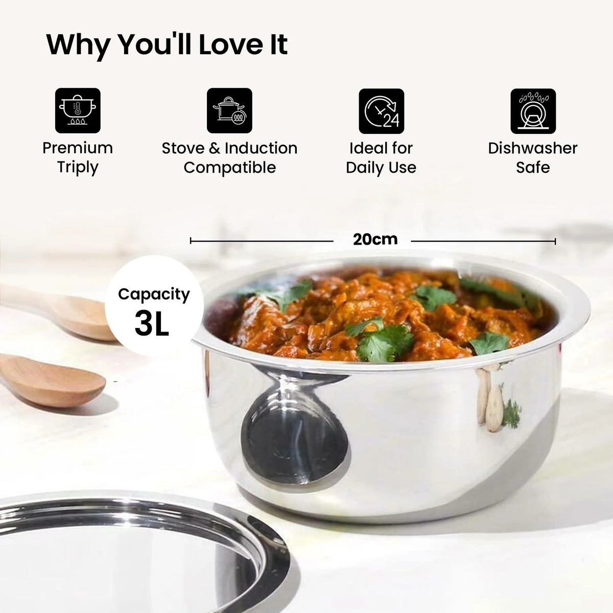 Triply Stainless Steel Tope Patila with Lid 3L 20 cm Handi Casserole Gas Induction