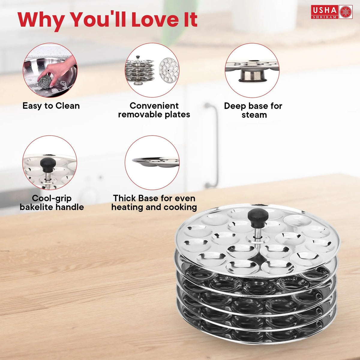 Stainless Steel Idli Maker 5 Round Plates Removable Bakelite Handle