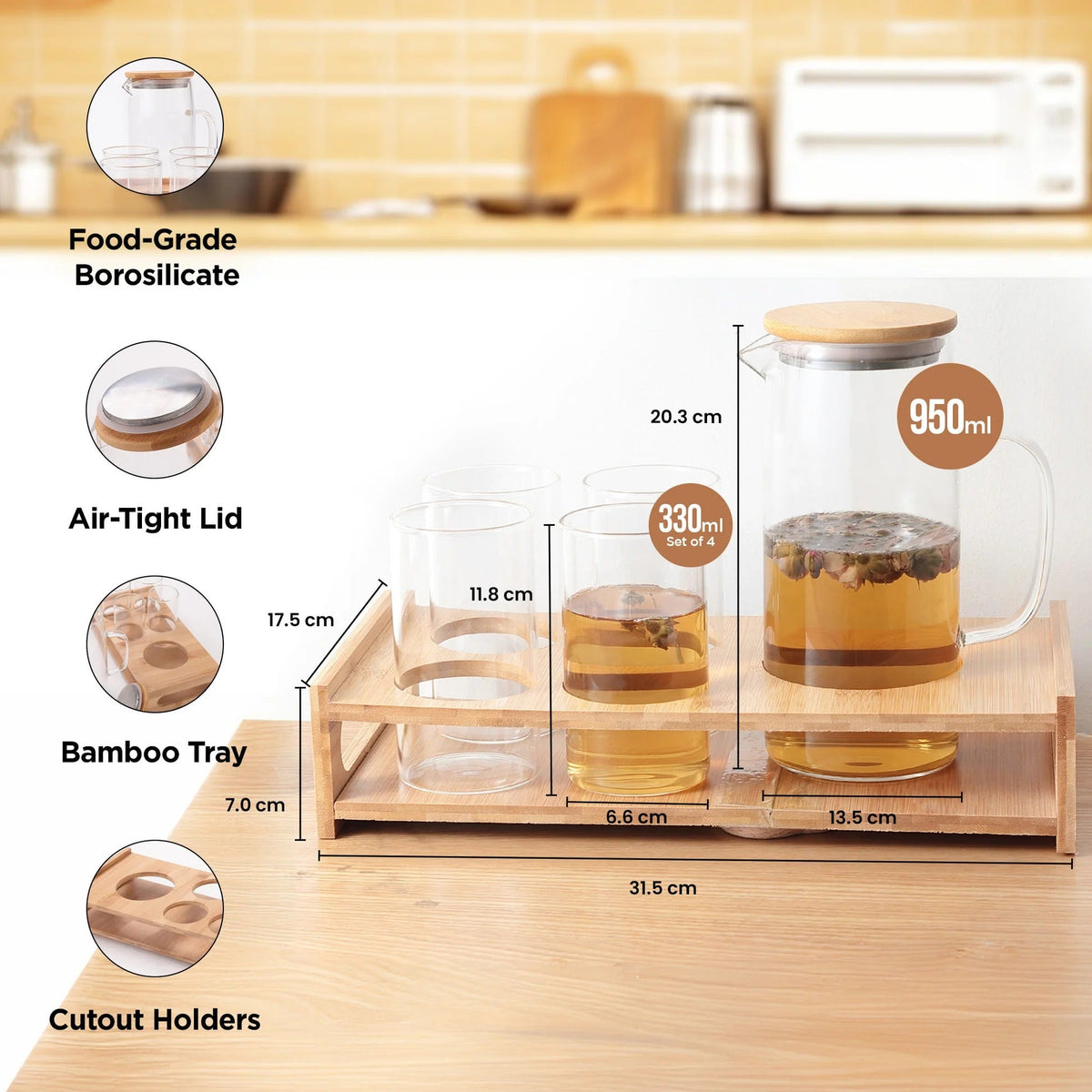 Glass Jug 950 ml with Bamboo Tray + 4 Water Glasses 330 ml Housewarming Gift Set