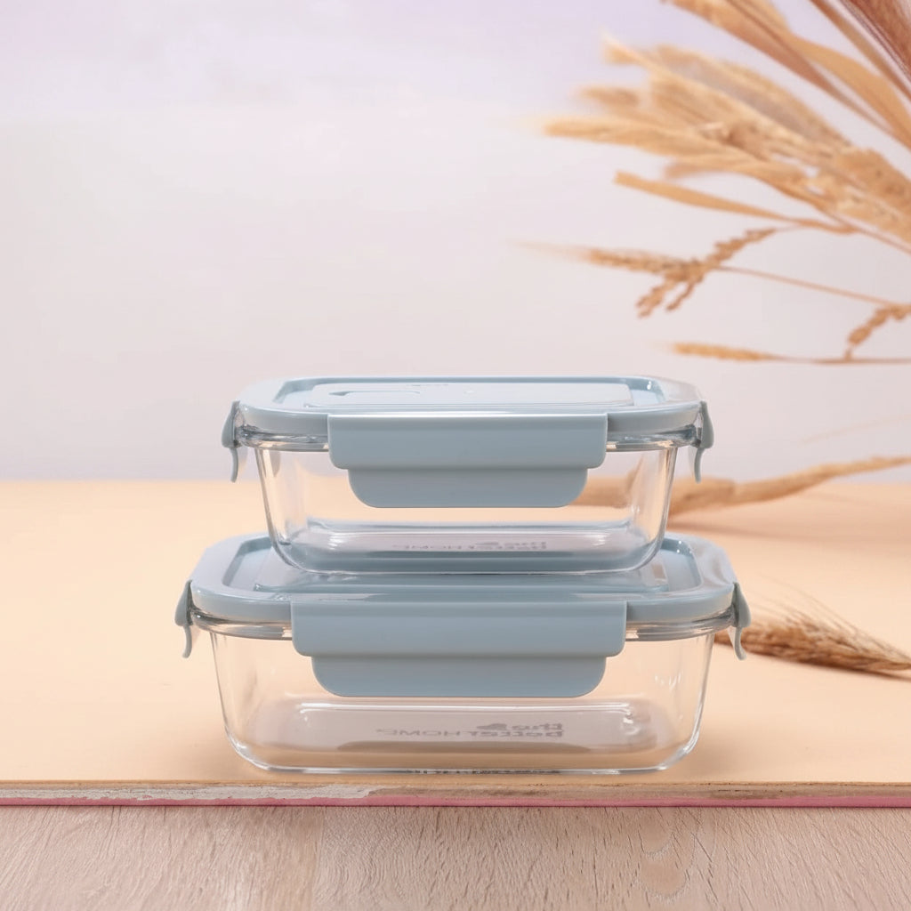 Borosilicate Glass Lunch Box Set of 2, 680 ml & 1040 ml, Microwave Safe, Airtight