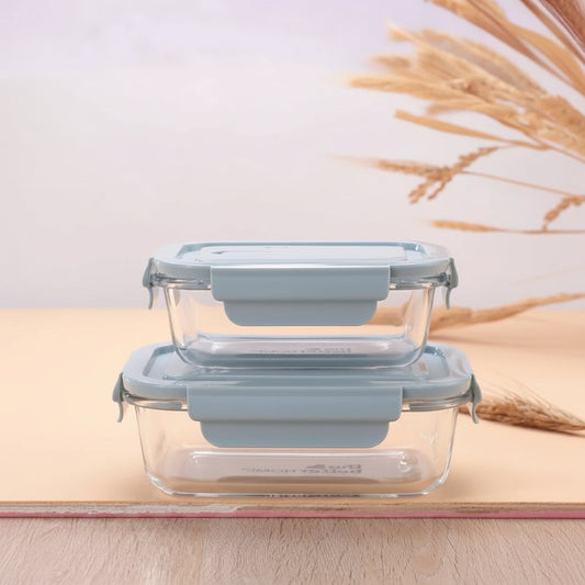 Borosilicate Glass Lunch Box Set of 2, 680 ml & 1040 ml, Microwave Safe, Airtight