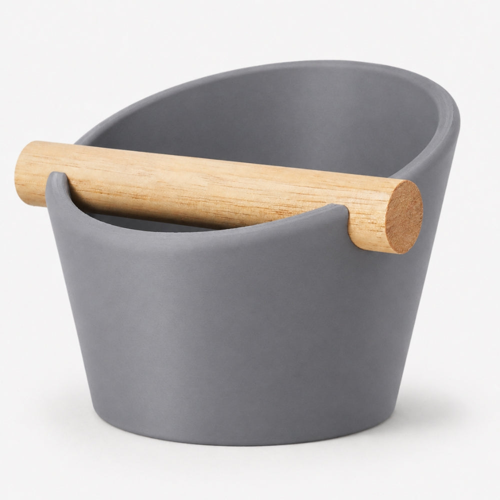 Oval Espresso Knock Box with Oak Bar Matte Ash Grey