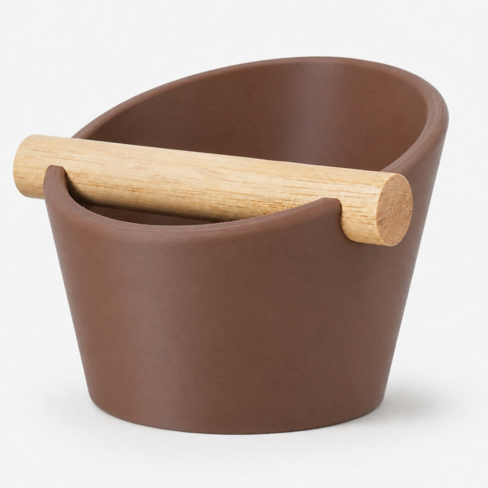 Oval Espresso Knock Box with Oak Bar Matte Brown