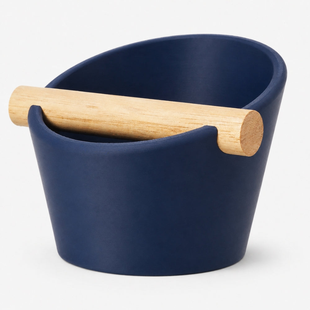 Oval Espresso Knock Box with Oak Bar Matte Dark Blue