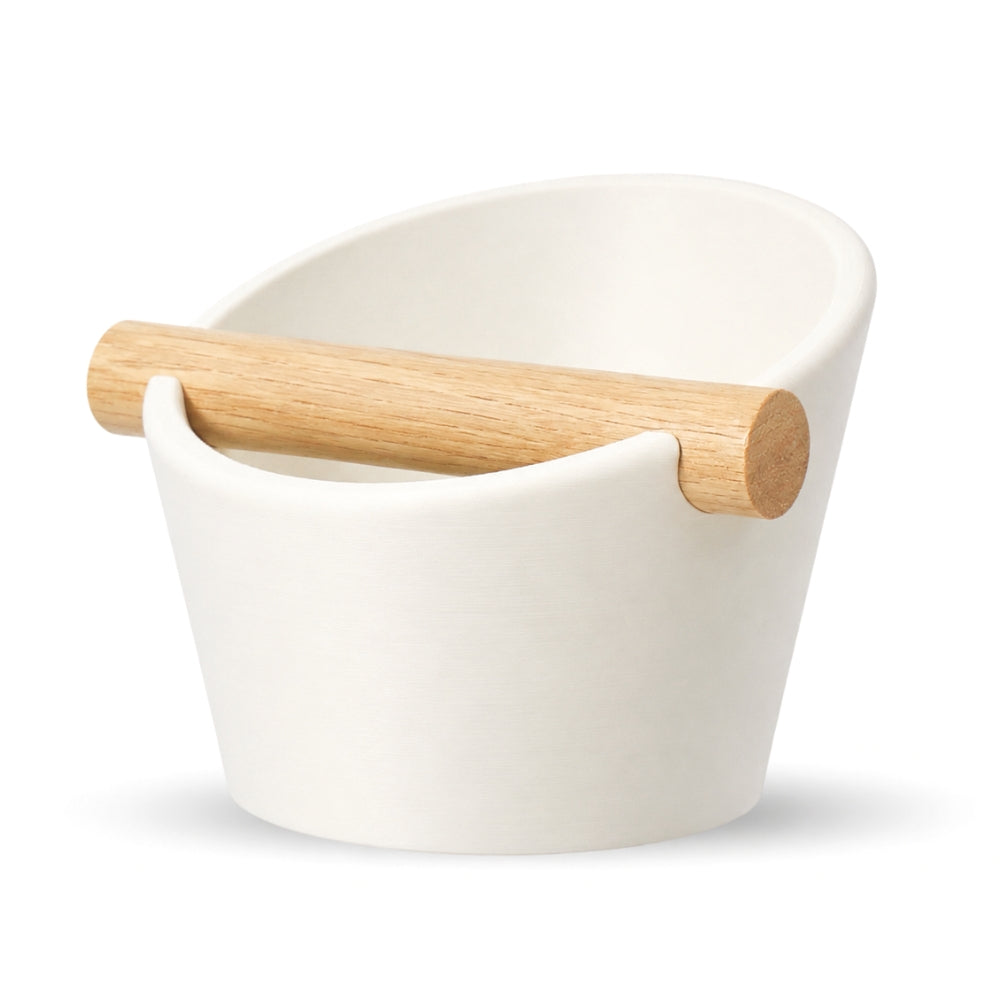 Oval Espresso Knock Box with Oak Bar Matte Ivory White