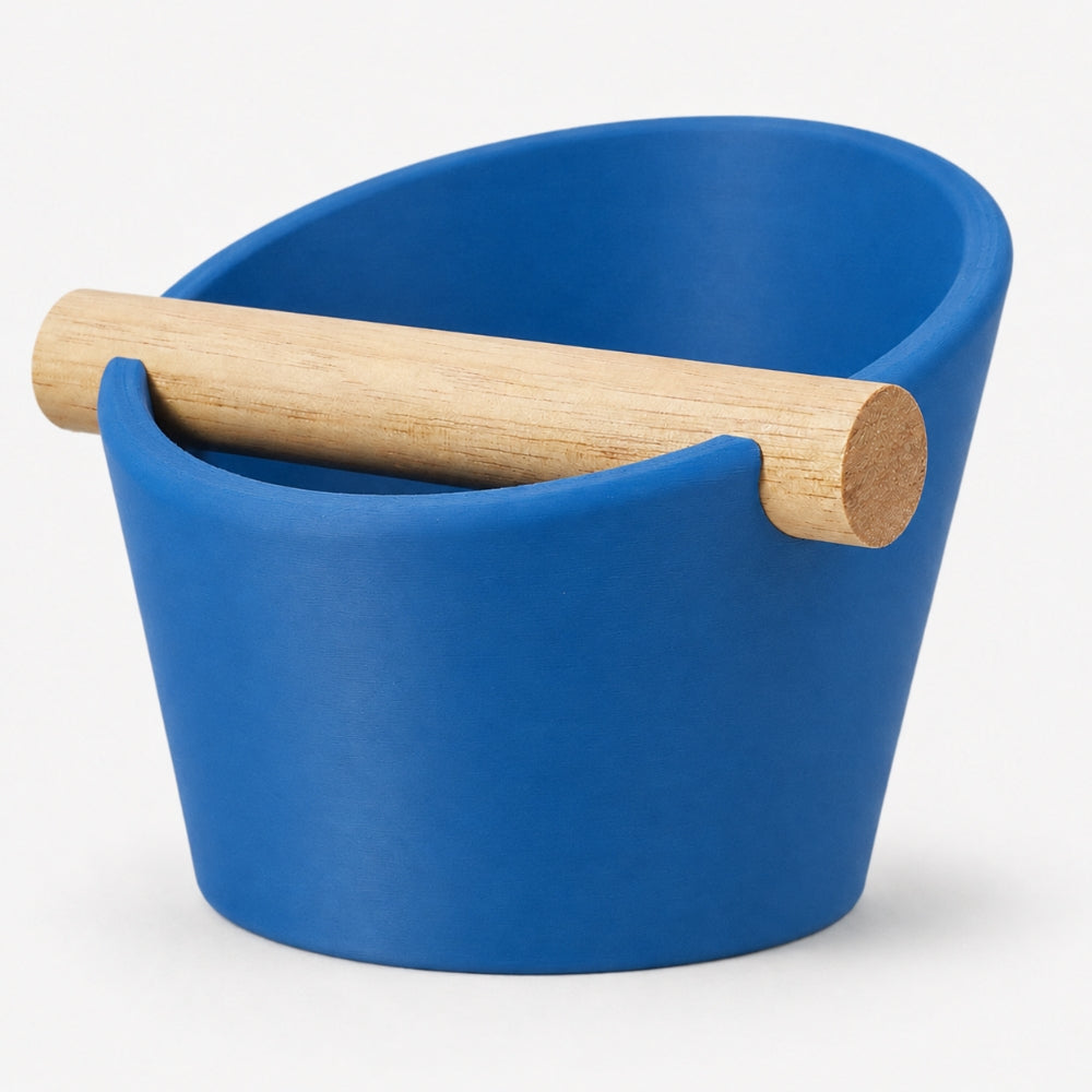 Oval Espresso Knock Box with Oak Bar Matte Marine Blue