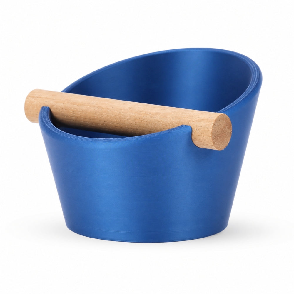 Oval Espresso Knock Box with Oak Bar Metallic Blue