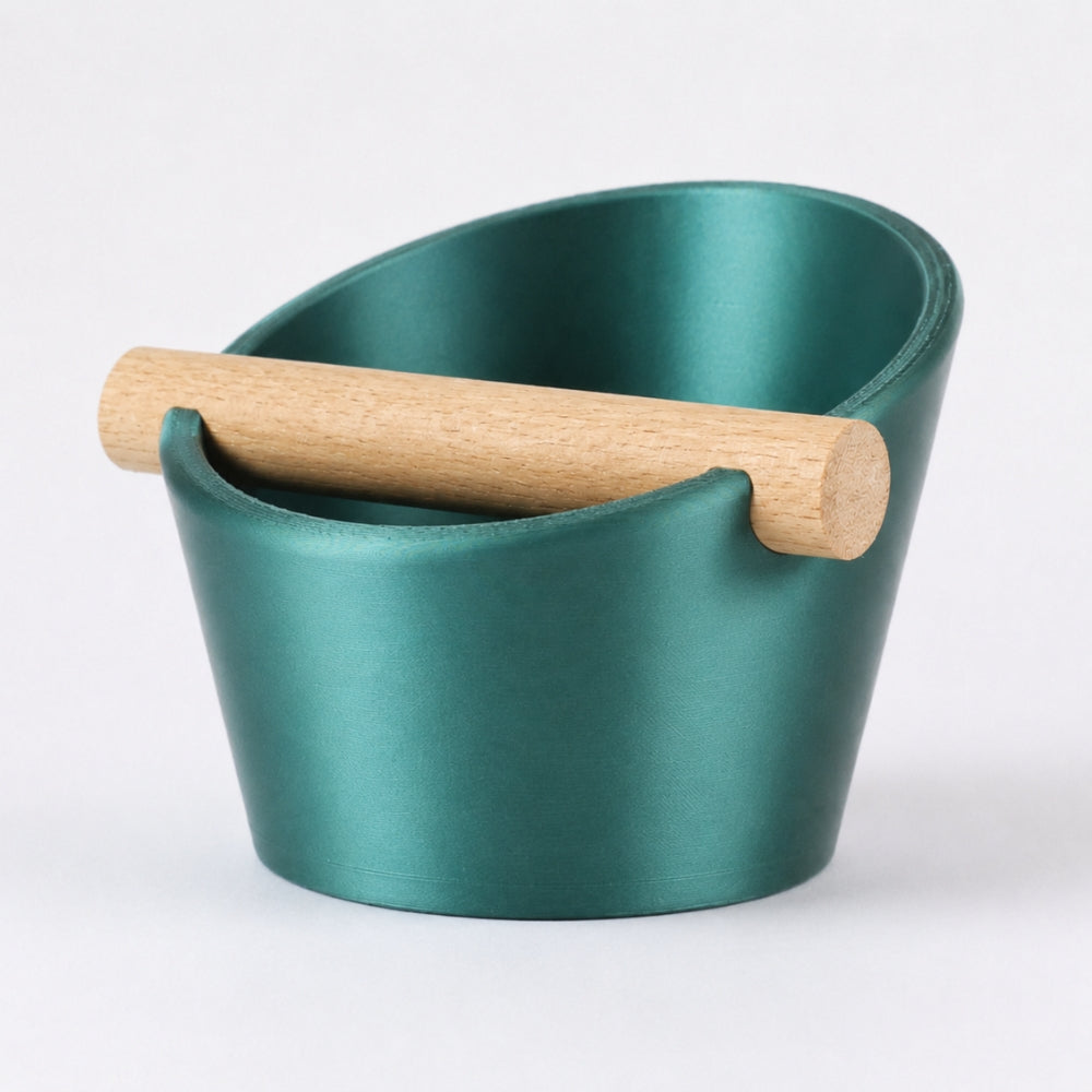 Oval Espresso Knock Box with Oak Bar Metallic Green