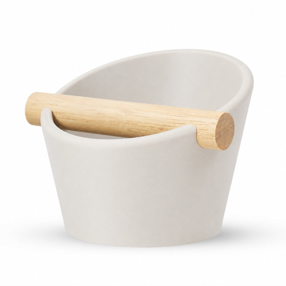 Oval Espresso Knock Box with Oak Bar Matte Off White