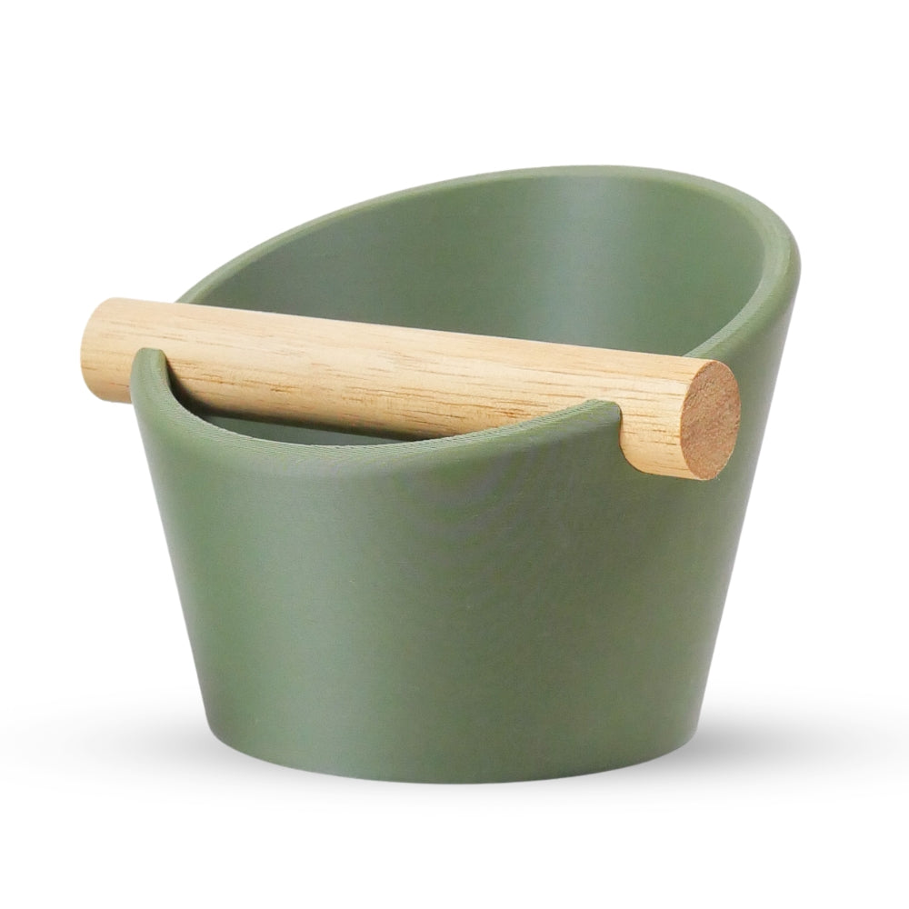 Oval Espresso Knock Box with Oak Bar Matte Olive Green