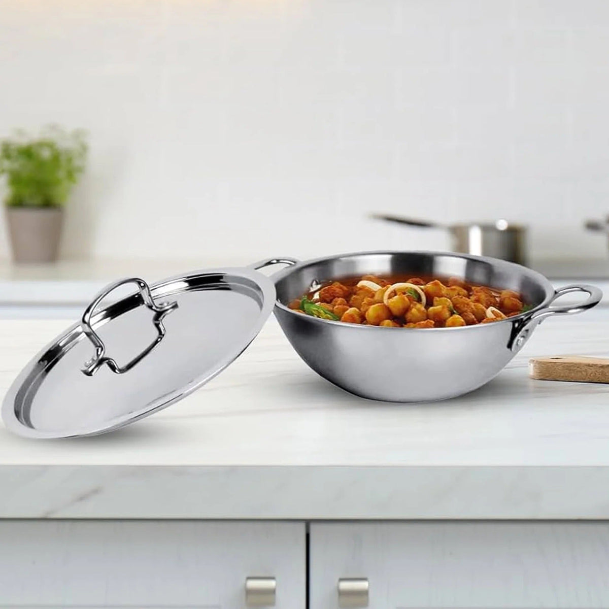 Triply Stainless Steel Kadai with Lid 20 cm 1.6L Stove Induction Heat Surround