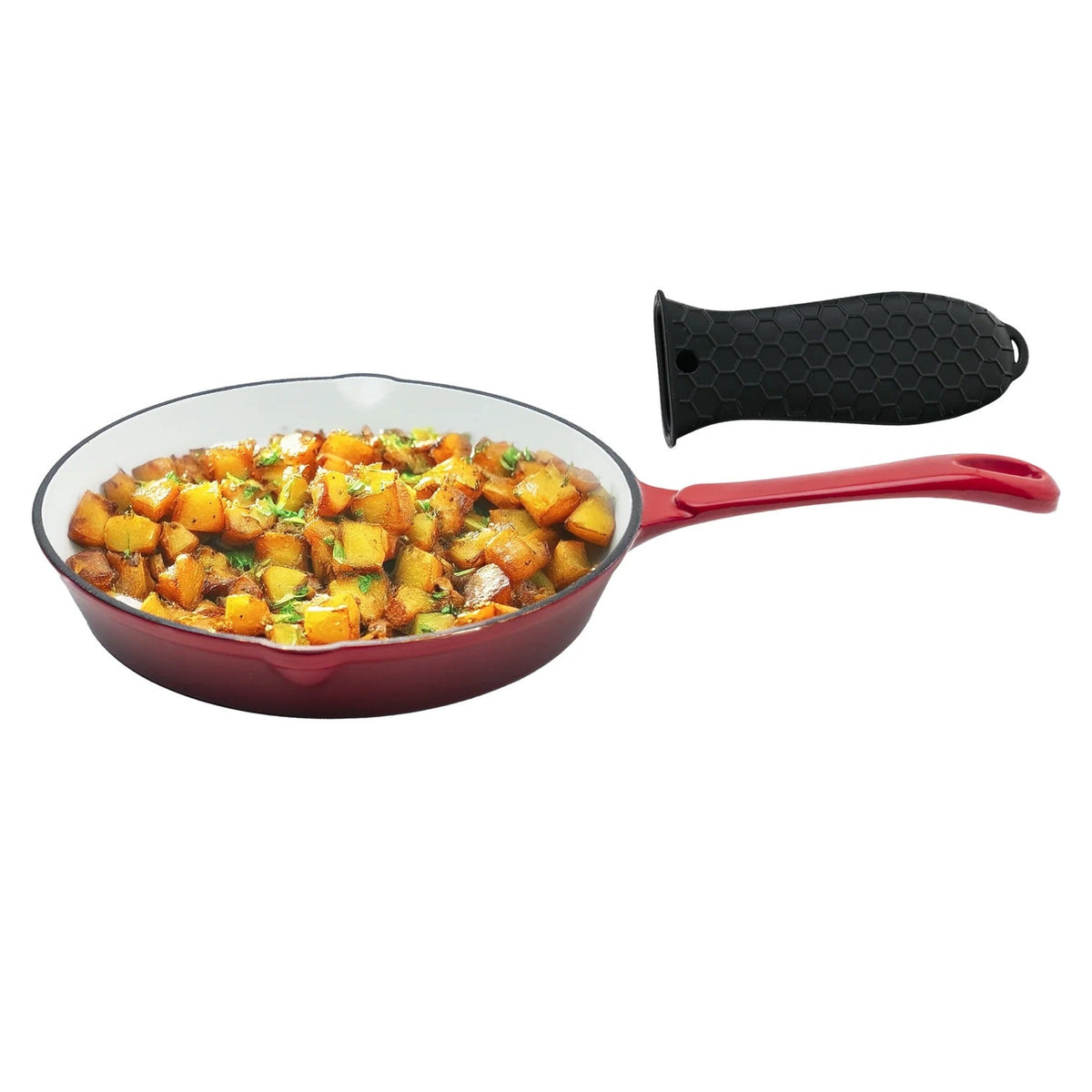 Cast Iron Frying Pan 25 cm Enamel Coated Rust Proof Silicon Sleeve Gas Induction