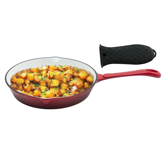 Cast Iron Frying Pan 25 cm Enamel Coated Rust Proof Silicon Sleeve Gas Induction