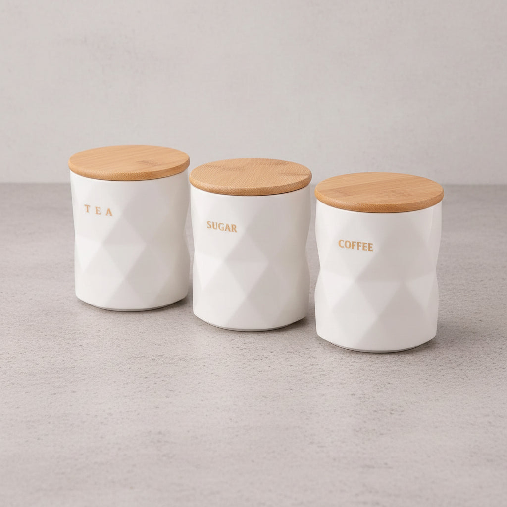 Ceramic Jars Set with Bamboo Lid and Tray, 3pcs 750 ml Each, White, Kitchen Storage