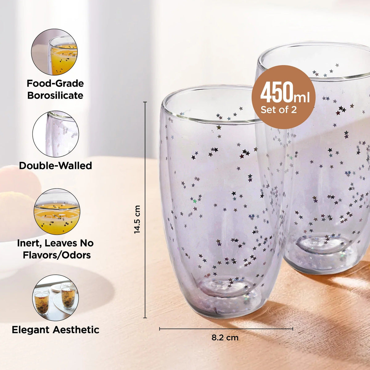 Double Wall Borosilicate Glass Coffee Mugs Set of 2 (450 ml), Starry Design, Transparent