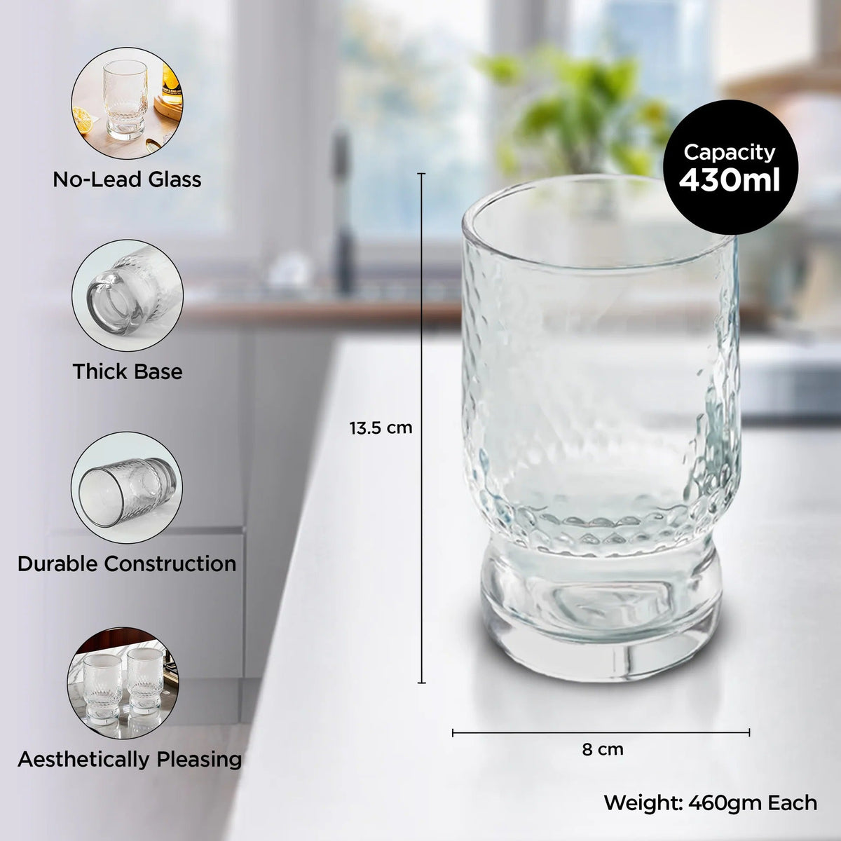 Water Glasses Set of 2 (430 ml), Juice Glasses, Lead Free
