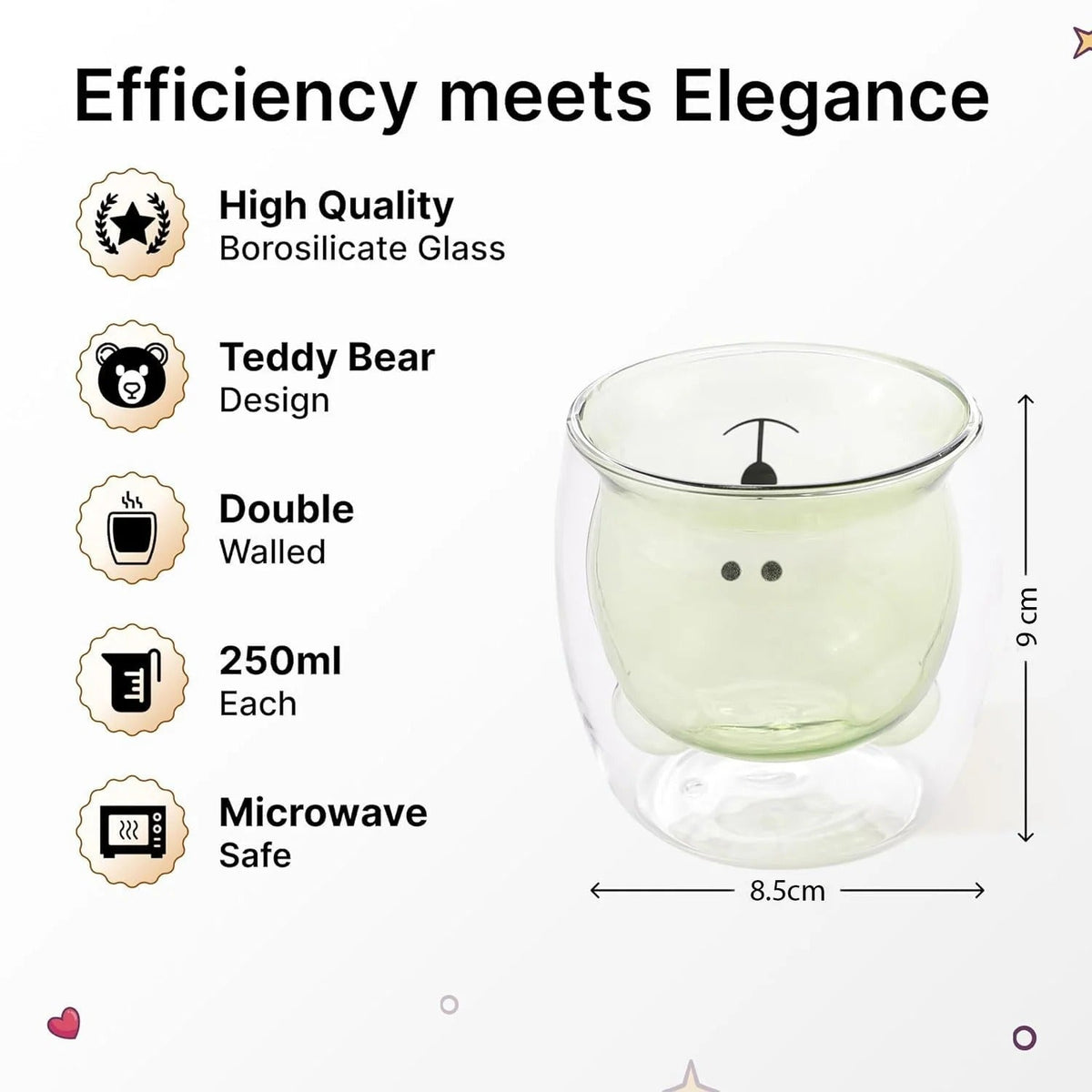 6 Pcs Cute Teddy Bear Borosilicate Double Wall Glass Cups 250 ml, Pack of 3, Green