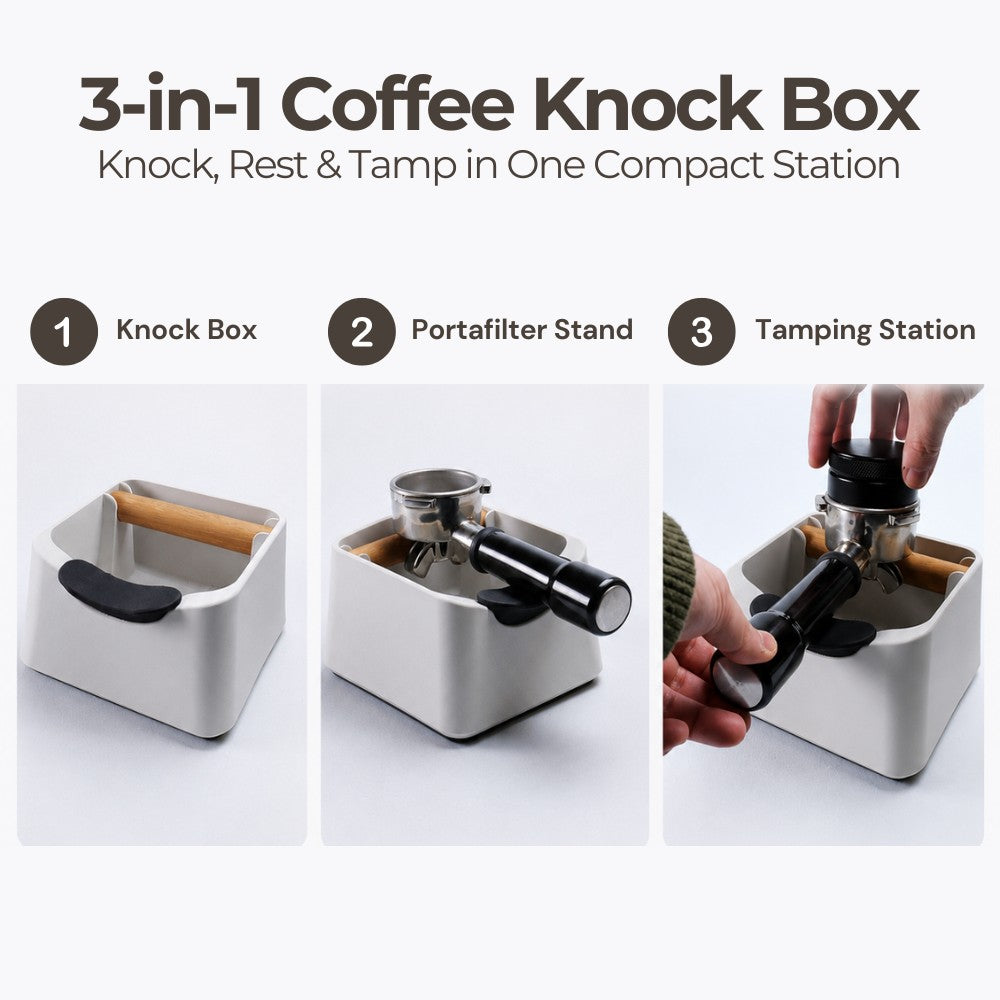 3-in-1 Espresso Knock Box with Portafilter Stand & Oak Wood Knock Bar
