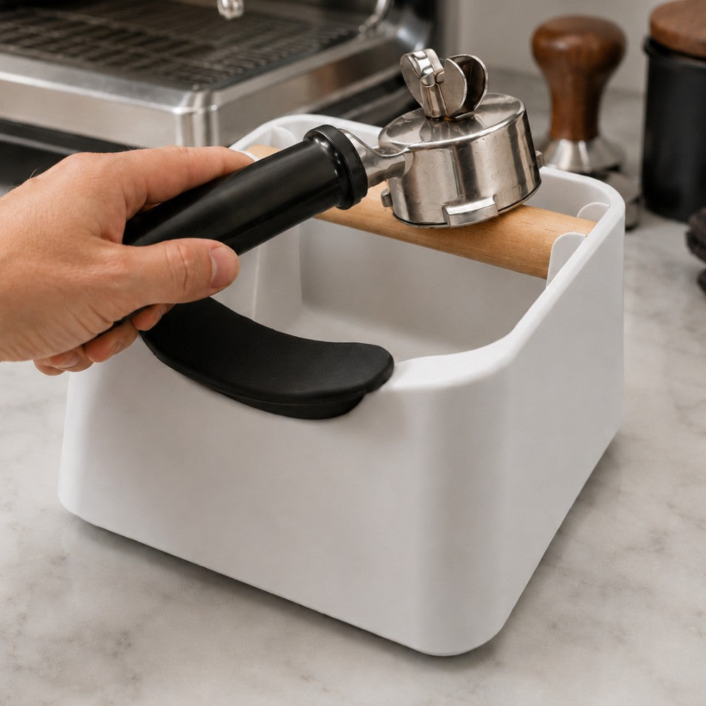 3-in-1 Espresso Knock Box with Portafilter Stand & Oak Wood Knock Bar