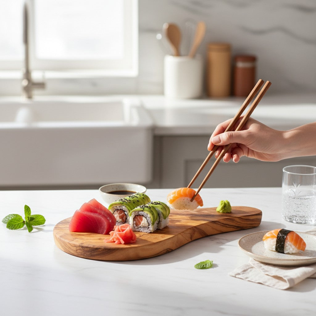 23cm Premium Olive Wood Sushi Board – Artisan Handcrafted Nigiri & Sashimi Serving Platter – Small Live Edge Grazing & Appetizer Tray