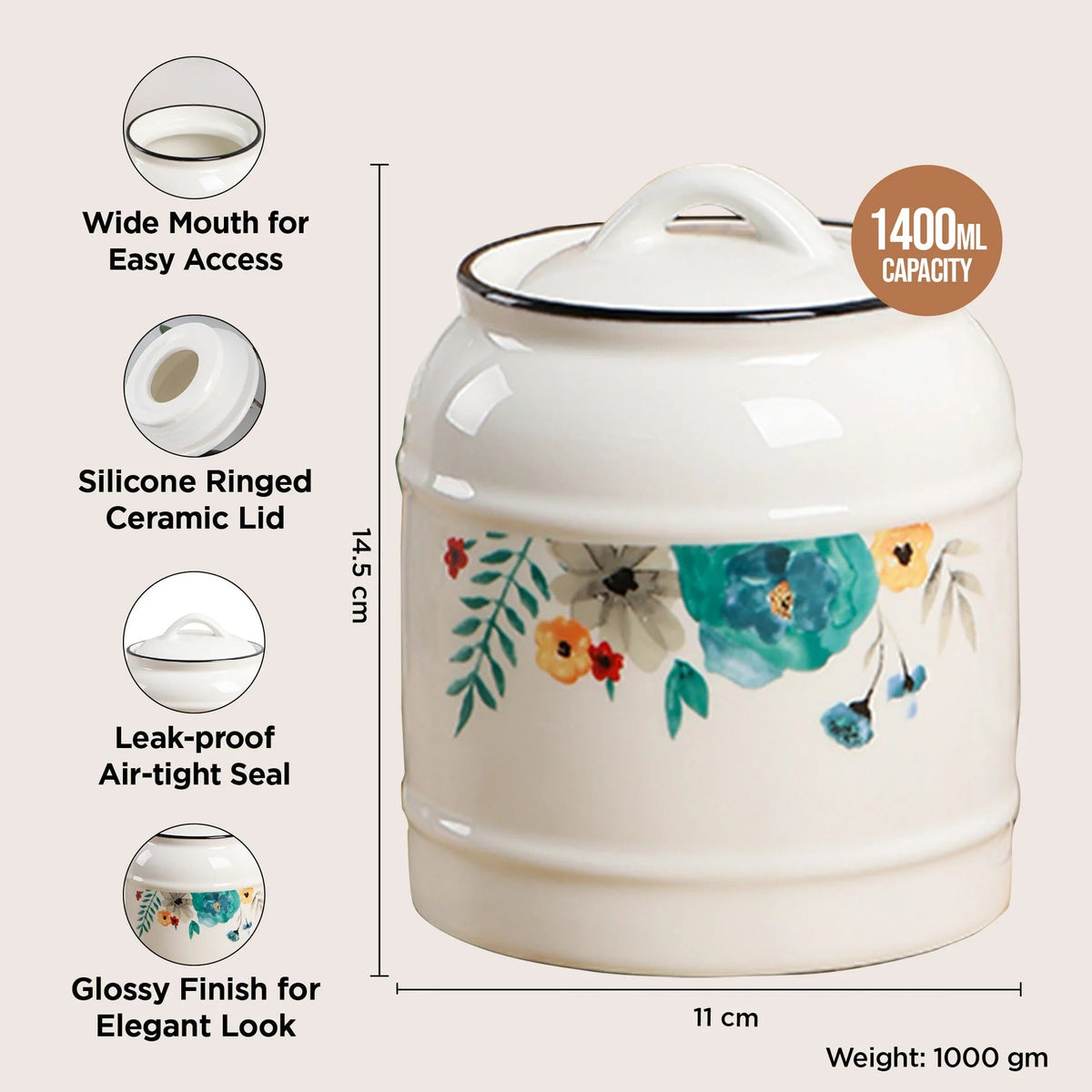 Ceramic Jar 1400 ml with Lid, Airtight, White Printed, Kitchen Storage