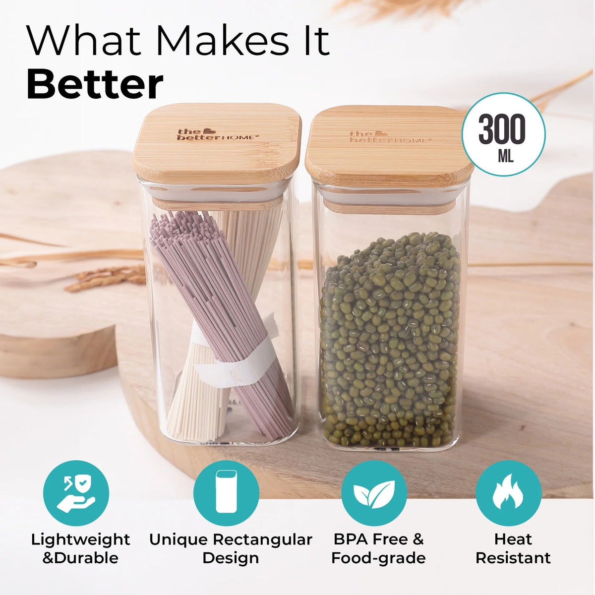 Borosilicate Rectangular Glass Jar, 2pcs 300 ml each, Airtight, Kitchen Storage