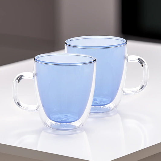 Double Walled Glass Coffee Mug Set of 2 (400 ml), Blue