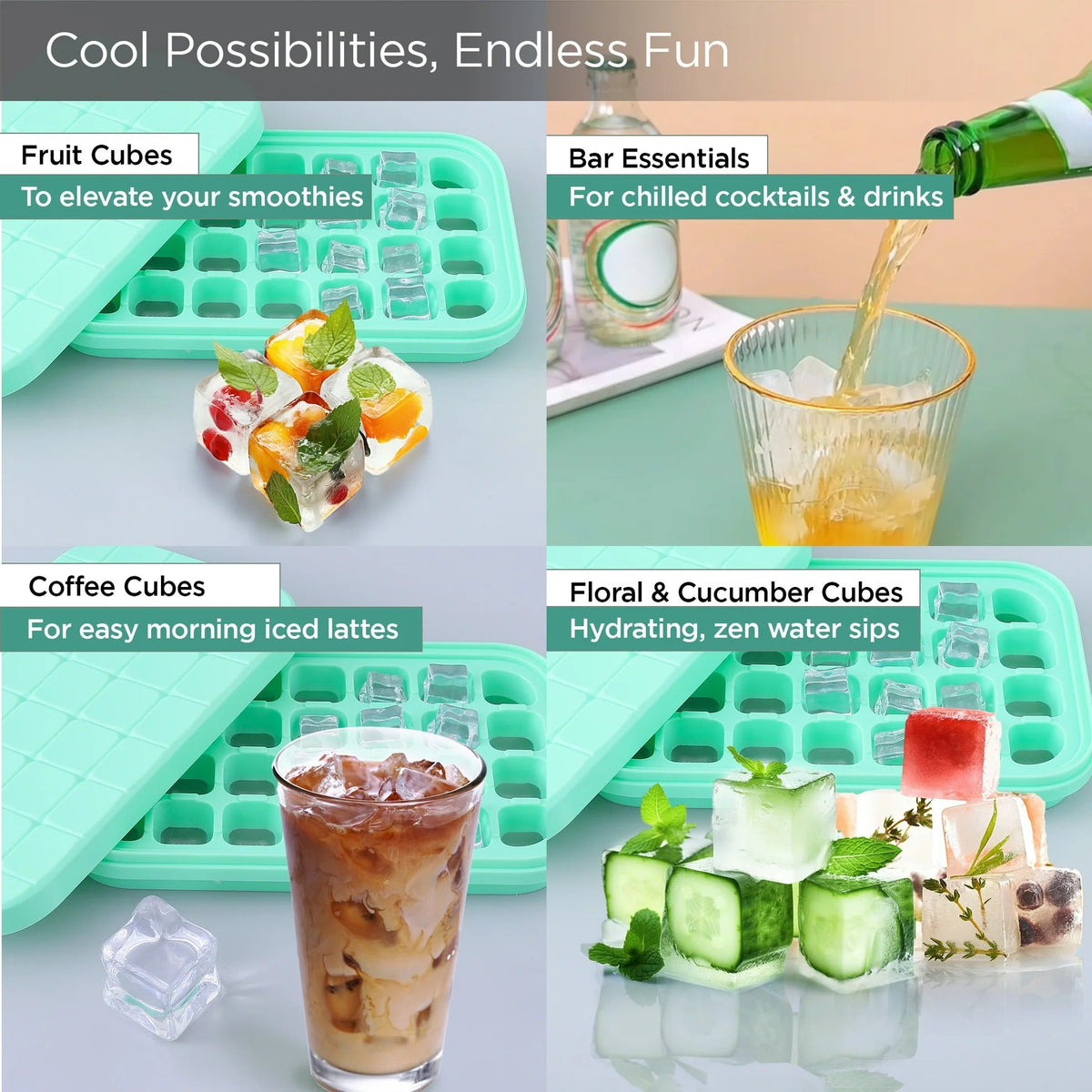 Single Layer Ice Cube Tray, 28 Compartments, BPA Free, Green